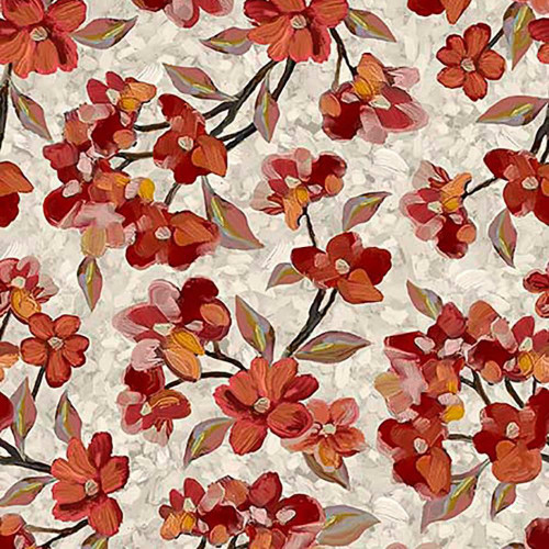Quilting Treasures Fabrics Joyful Garden Red Grey Cherry Blossoms Floral, close-up of vibrant red and orange cherry blossom flowers with grey accents on fabric.