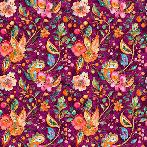 Quilting Treasures Fabrics Fluttering Gardens Dan Morris Purple Floral Berry Paisley