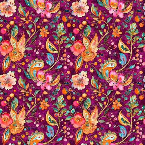 Quilting Treasures Fabrics Fluttering Gardens Dan Morris Purple Floral Berry Paisley, vibrant purple floral and paisley pattern with pink, orange, and blue accents on fabric.