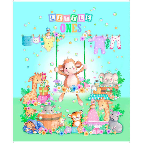 Quilting Treasures Fabrics Little Ones Helz Cuppleditch Blue Baby Animals Playing Panel 36, colorful illustration of cute baby animals playing outdoors with laundry hanging and floral decorations, designed for children's quilting projects.