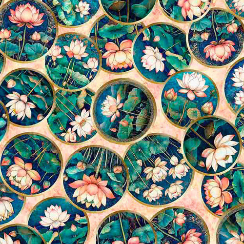 Quilting Treasures Fabrics Serenity Dan Morris Coral Pink Lotus Floral Medallions, vibrant fabric with detailed pink lotus flowers and green leaves on a blue background, geometric medallion pattern.