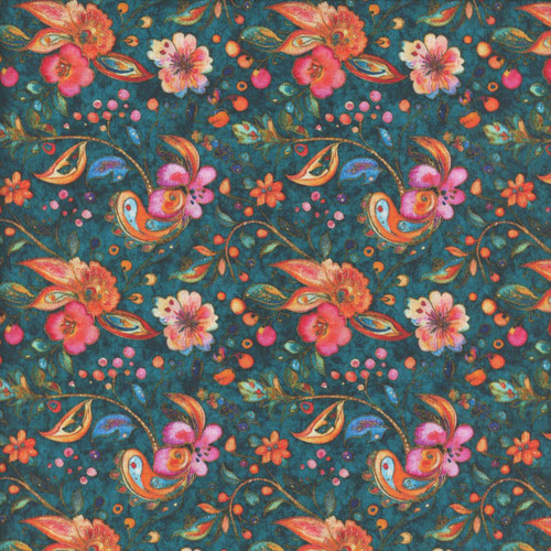 Quilting Treasures Fabrics Fluttering Gardens Dan Morris Teal Blue Floral Berry Paisley, vibrant teal fabric with pink, orange, and purple floral and paisley pattern.