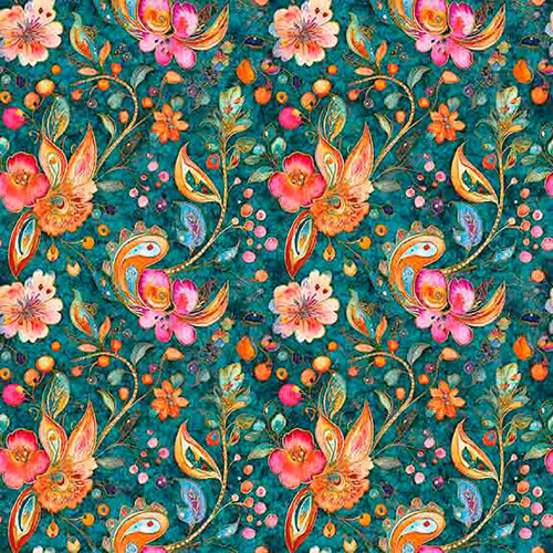 Quilting Treasures Fabrics Fluttering Gardens Dan Morris Teal Blue Floral Berry Paisley