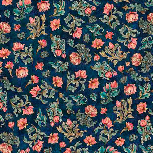 Quilting Treasures Fabrics Serenity Dan Morris Navy Blue Lotus Bloom Floral
