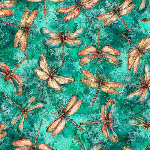 Quilting Treasures Fabrics Serenity Dan Morris Teal Blue Dragonflies, a vibrant fabric featuring detailed illustrations of dragonflies on a teal background with intricate floral and swirl patterns.