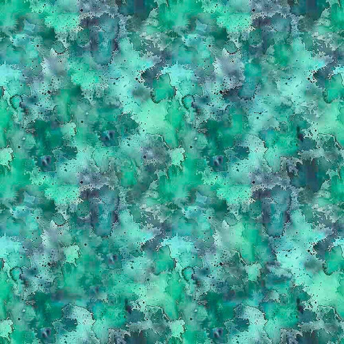 Quilting Treasures Fabrics Serenity Dan Morris Teal Blue Water Mark, abstract watercolor fabric pattern in teal and blue hues.
