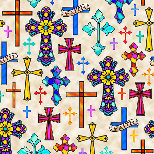 Quilting Treasures Fabrics Guardian Angel Cream Ecclesiastical Crosses