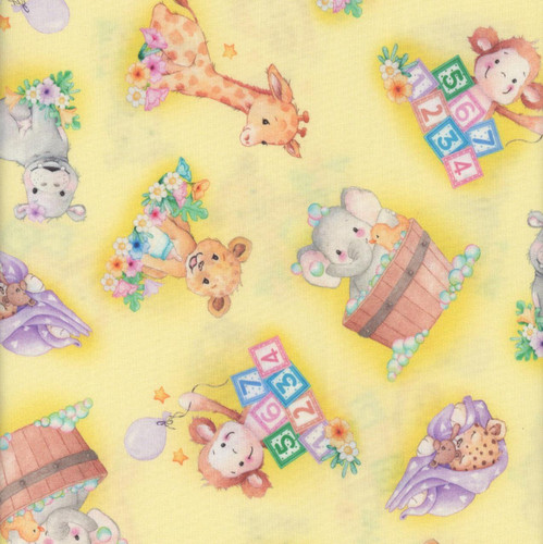 Quilting Treasures Fabrics Little Ones Helz Cuppleditch Yellow Baby Animals, colorful baby animal characters and playful illustrations on fabric.