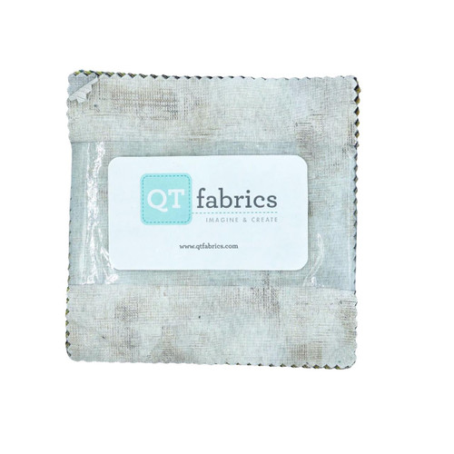 Quilting Treasures Fabrics Interwoven Dan Morris 5 Inch Charm Squares, fabric package with soft beige and gray woven pattern, and a label featuring the QT Fabrics logo and website.