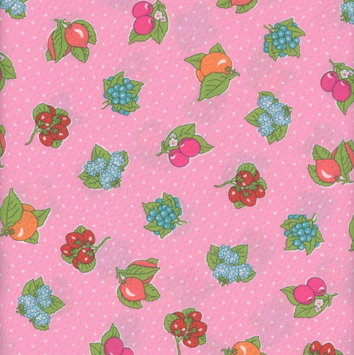 Riley Blake Fabrics Liberty Fabrics Gifts from the Garden Lasenby Cotton Pink Polka Dot Fruit, cotton fabric with pink background, featuring colorful illustrations of strawberries, cherries, blueberries, and oranges with green leaves and white polka dots.