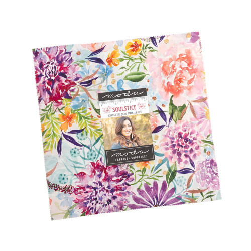 Moda Fabrics Soulstice Create Joy Project Layer Cake 10 Inch Squares, colorful floral fabric collection with pink, purple, orange, and green hues.