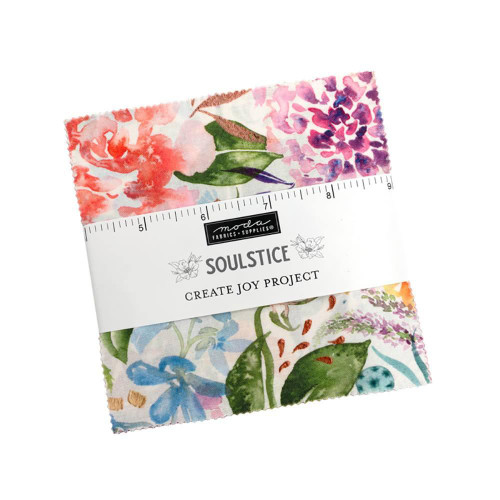Moda Fabrics Soulstice Create Joy Project Charm Squares 5 Inch, colorful floral fabric squares with a measuring ruler included.