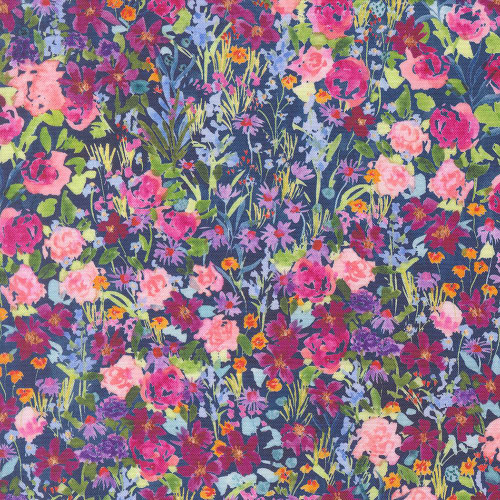 Moda Fabrics Soulstice Create Joy Project Garden Glitter Watercolor Floral Navy Blue, colorful floral watercolor fabric design featuring pink, purple, red, yellow, and green flowers on navy blue background.