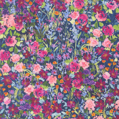 Moda Fabrics Soulstice Create Joy Project Garden Glitter Watercolor Floral Navy Blue
