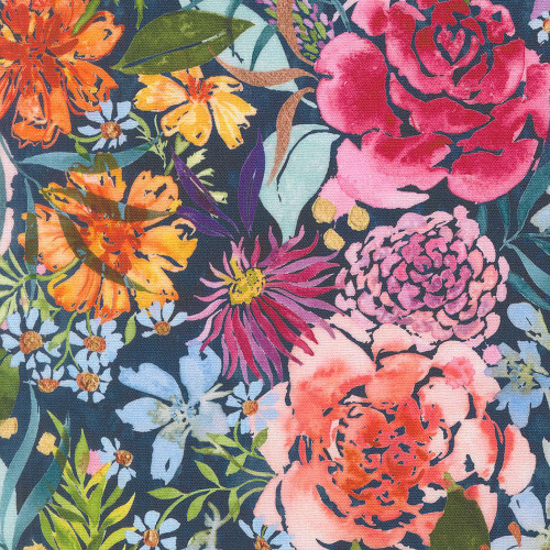 Moda Fabrics Soulstice Create Joy Project Midsummer Bloom Watercolor Floral Canvas Navy Blue, vibrant watercolor floral pattern with pink peonies, orange lilies, purple clusters, and green leaves on a navy blue background.