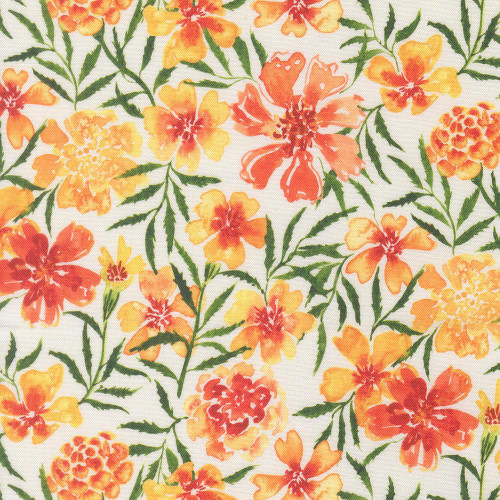 Moda Fabrics Soulstice Create Joy Project Golden Days Watercolor Floral Coral Pink, fabric with watercolor floral pattern in shades of coral pink, yellow, and green leaves.