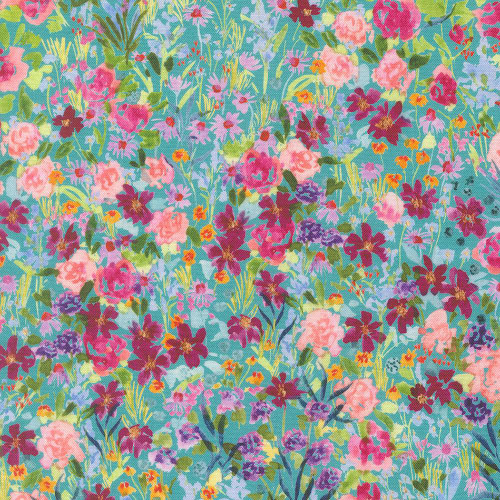 Moda Fabrics Soulstice Create Joy Project Garden Glitter Watercolor Floral Turquoise Blue, vibrant watercolor floral fabric design with pink, purple, yellow, and green flowers on a turquoise background.