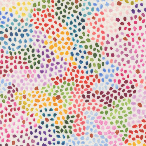 Moda Fabrics Soulstice Create Joy Project Tiny Treasure Watercolor Mosaic Cream Pink Purple, colorful watercolor mosaic pattern with small, irregular dots in various shades of pink, purple, blue, green, yellow, and orange on a white background.