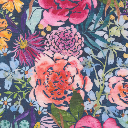 Moda Fabrics Soulstice Create Joy Project Midsummer Bloom Floral Watercolor Navy Blue, colorful floral watercolor print fabric with pink, purple, yellow, and blue flowers on a navy blue background.