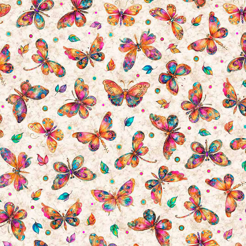 Quilting Treasures Fabrics Fluttering by Dan Morris Oatmeal Cream Pink Turq Blue Butterflies