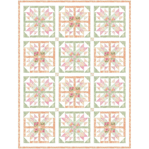Moda Fabrics Kindness Deb Strain Josie Throw Size Quilt Kit, quilt featuring a pastel color palette with floral, butterfly, and leaf motifs in a grid pattern.