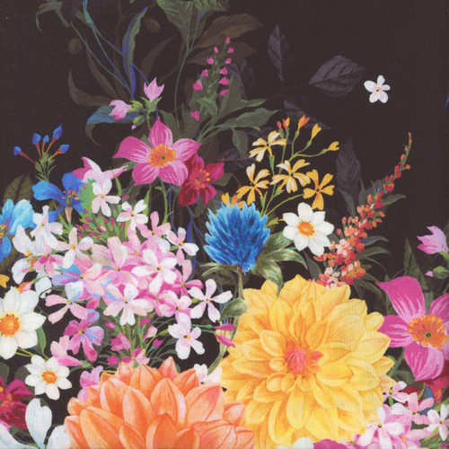 Windham Fabrics Midnight Blooms Whimsical Floral Garden Black, a vibrant fabric with colorful flowers on a black background.