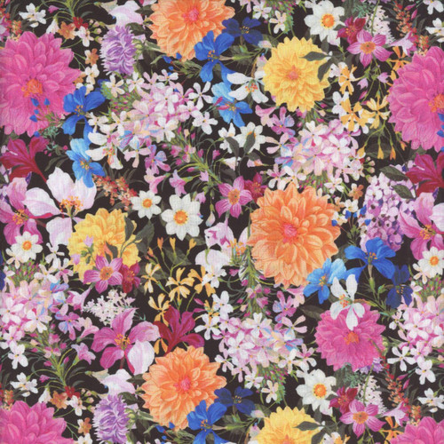 Windham Fabrics Midnight Blooms Floral Wildflower Pickings Black, floral fabric with pink, orange, yellow, white, purple, and blue wildflowers on a black background.