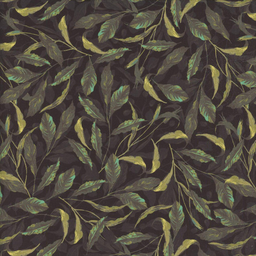 Windham Fabrics Midnight Blooms Foliage Greenery Black, fabric pattern with dark background and vibrant green and yellow leaves.