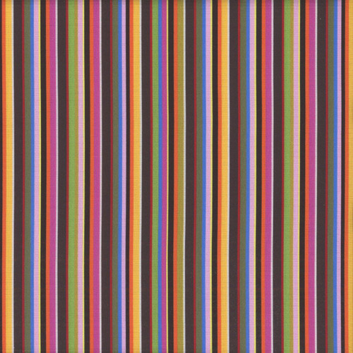 Windham Fabrics Midnight Blooms Striae Multi, vibrant multicolored striped fabric with various shades including purple, orange, green, blue, yellow, and brown.
