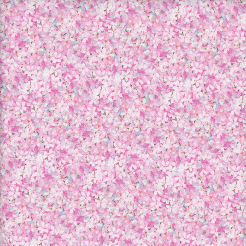 Windham Fabrics Midnight Blooms Garden Flowerbed Petal Pink, close-up of pink, white, and light purple floral print fabric.