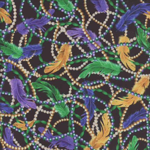 Quilting Treasures Fabrics Mardi Gras Feathers Beads Purple Yellow Black