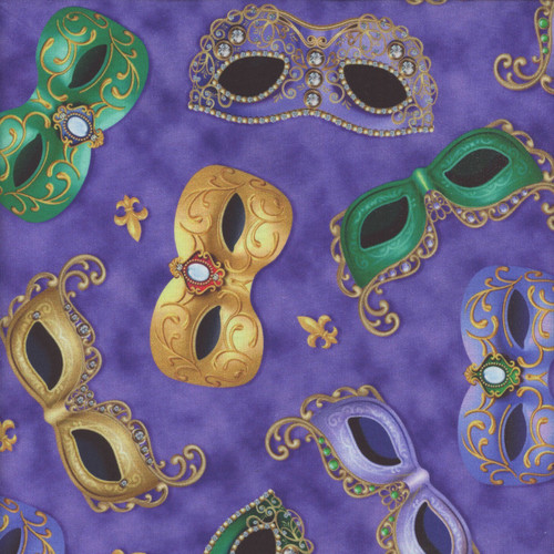 Quilting Treasures Fabrics Mardi Gras Masks Toss Purple Yellow Black