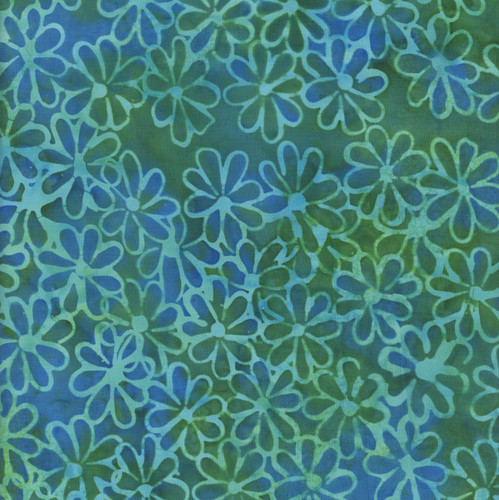 Windham Fabrics Anthology Batiks Mediterranean Sea Jacqueline de Jonge Lagoon Meadow, fabric pattern featuring blue and green floral batik design.