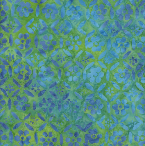 Windham Fabrics Anthology Batiks Mediterranean Sea Jacqueline de Jonge Mediterranean Blue Picnic, fabric with a vibrant blue and green floral pattern on a quilted backdrop.