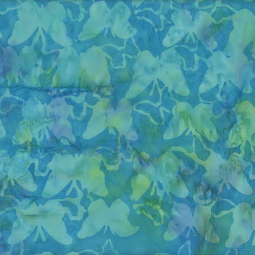 Windham Fabrics Anthology Batiks Mediterranean Sea Jacqueline de Jonge Cyan Blue Butterflies, fabric with a watercolor batik butterfly print in shades of blue and green.