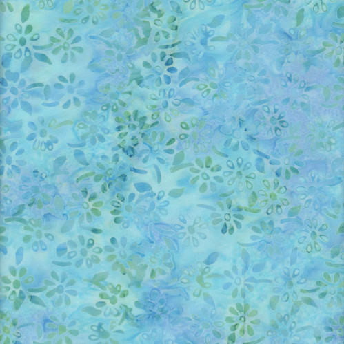Windham Fabrics Anthology Batiks Mediterranean Sea Jacqueline de Jonge Sea Blue Daisies fabric with a floral pattern in shades of blue and green, watercolor effect