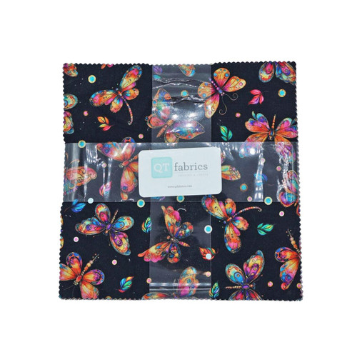 Quilting Treasures Fabrics Fluttering Gardens Dan Morris Layer Cake Ten Inch Squares, fabric layer cake with colorful butterfly and garden motif on dark background.