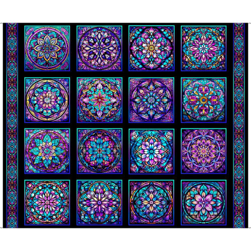 Quilting Treasures Fabrics Royale Dan Morris Stained Glass Floral Block Panel, a vibrant stained glass floral pattern with intricate geometric designs in shades of purple, blue, pink, and yellow, resembling a stained glass window.