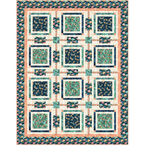 Quilting Treasures Fabrics Serenity Dan Morris Throw Size Quilt Kit, colorful patchwork quilt with dragonfly and floral patterns in blue, green, and pink hues.