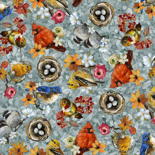 Quilting Treasures Fabrics Joyful Garden Blue Birds Flower Blooms Nests