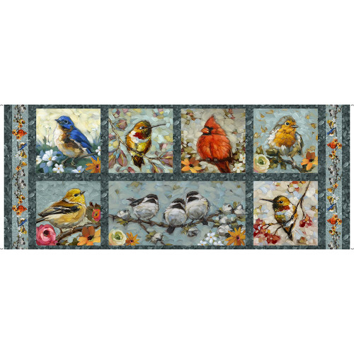Quilting Treasures Fabrics Joyful Garden Blue Green Birds Flowers Panel
