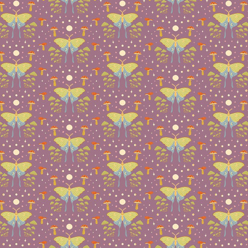 Andover Fabrics Celestial Garden by Alexandra Bordallo Moonlit Moths Plum, a fabric pattern featuring butterflies, mushrooms, and star-like accents on a purple background.