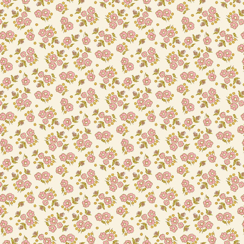 Andover Fabrics Celestial Garden by Alexandra Bordallo Stellar Blooms Cream, fabric with a floral pattern featuring pink flowers and green leaves on a cream background.