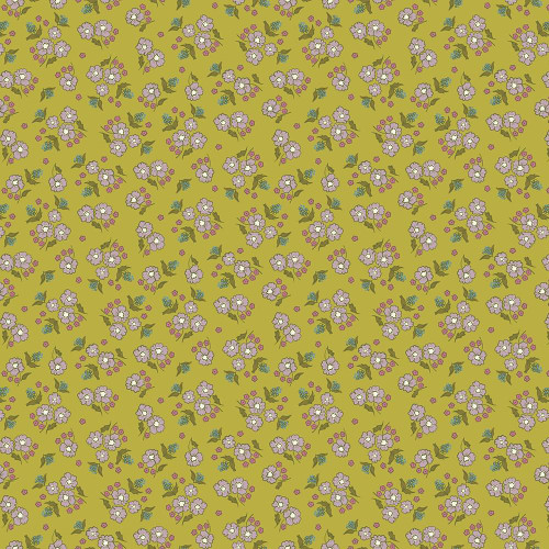 Andover Fabrics Celestial Garden by Alexandra Bordallo Stellar Blooms Vintage Green, fabric pattern with pink and white flowers, green leaves, and small blue accents on a vintage green background.