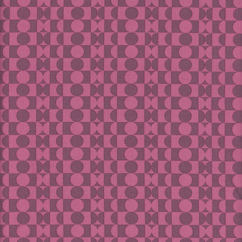 Andover Fabrics Celestial Garden by Alexandra Bordallo Lunar Phases Plum, geometric pattern fabric with pink and purple hues and crescent moon motifs.
