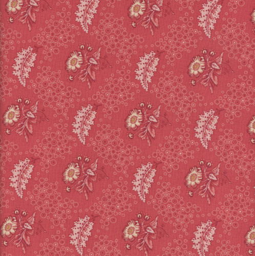 Andover Fabrics Forest Glen by Renee Nanneman Camellia Raspberry, fabric with floral pattern and small circular motifs in shades of cream and pink on a raspberry background.