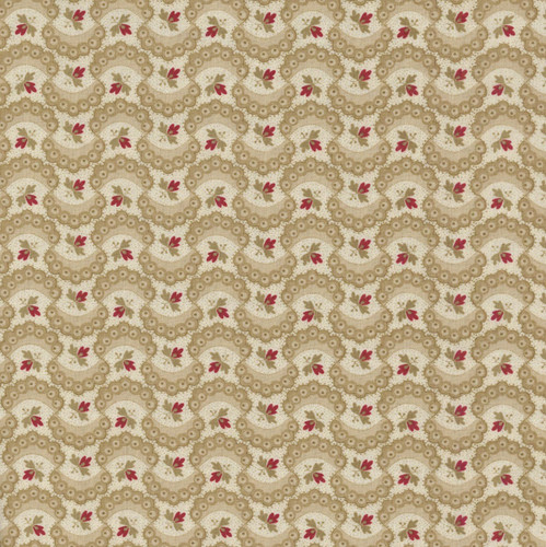 Andover Fabrics Forest Glen by Renee Nanneman Ruffle Fog Mist, fabric pattern with swirling beige and light green designs accented with small red floral elements.