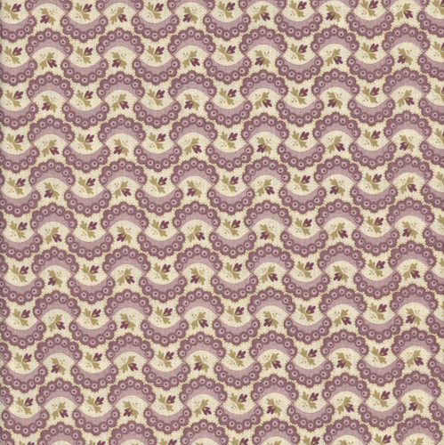 Andover Fabrics Forest Glen by Renee Nanneman Ruffle Heather, close-up view of fabric with a cream and purple paisley pattern and small floral accents.