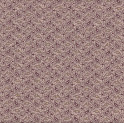 Andover Fabrics Forest Glen by Renee Nanneman Dewdrops Heather, fabric with a detailed pattern of swirling floral and leaf motifs in shades of purple and beige.