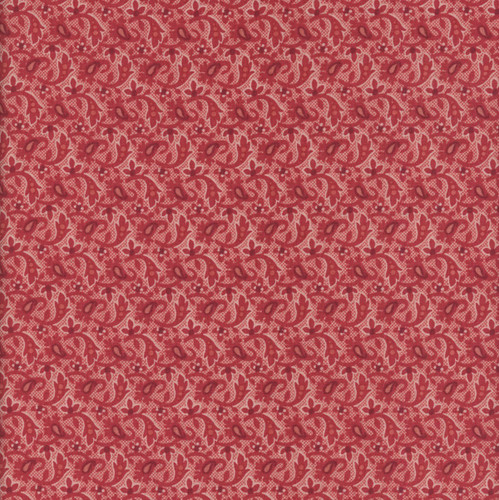 Andover Fabrics Forest Glen by Renee Nanneman Dewdrops Raspberry, detailed fabric pattern with leafy and dew drop motifs in shades of pink and red.